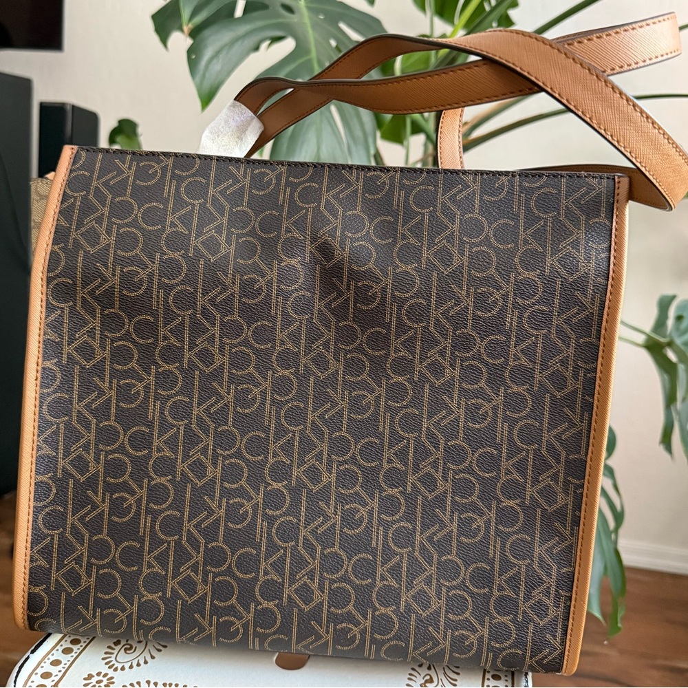 Calvin Klein Brown Monogram Large Tote Bag Satchel Purse - Picture 7 of 13
